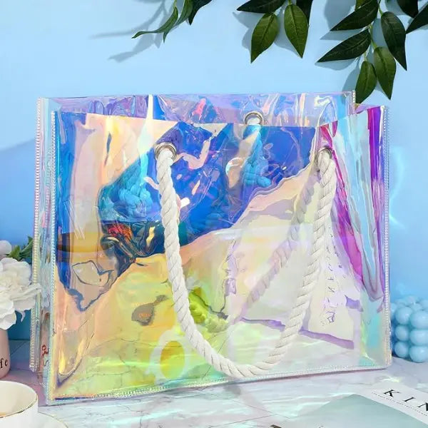 Personalized Holographic PVC Beach Tote – Custom Name Clear Bag with Rope Handles for Bridesmaids, Travel & Summer Fun Serene Crafts Hub