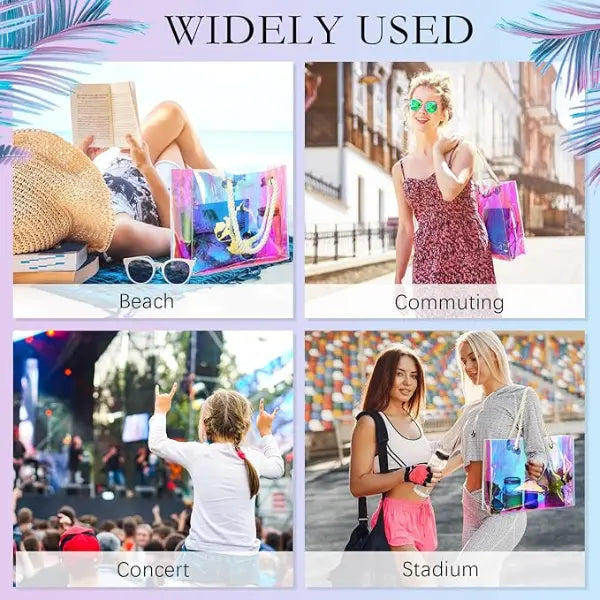 Personalized Holographic PVC Beach Tote – Custom Name Clear Bag with Rope Handles for Bridesmaids, Travel & Summer Fun Serene Crafts Hub