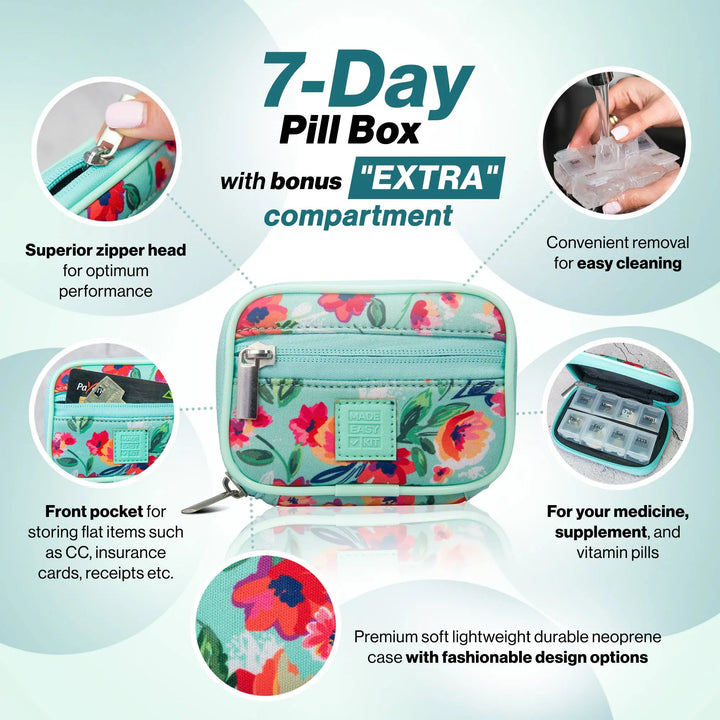 Cute, Floral, Compact Pill Case - Weekly 7 - Day Medicine Organizer: Teal Floral - Serene Crafts Hub