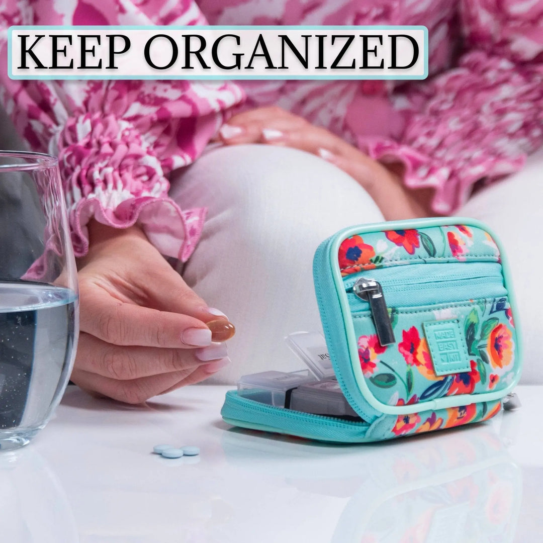 Cute, Floral, Compact Pill Case - Weekly 7 - Day Medicine Organizer: Teal Floral - Serene Crafts Hub