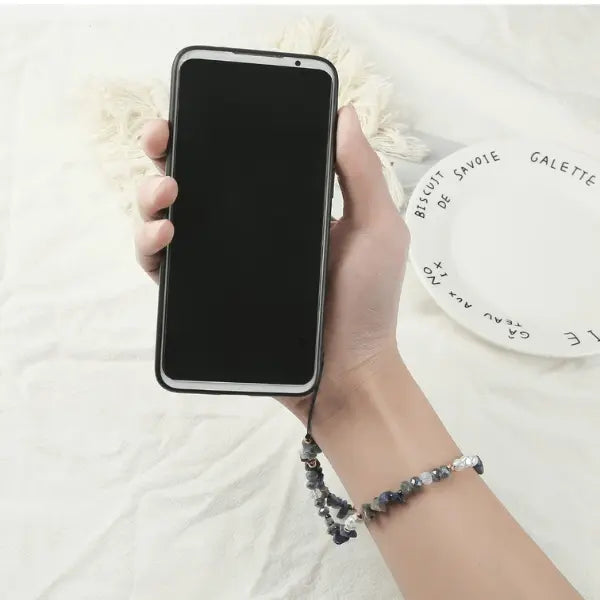 Elegant Beaded Phone Charm Wristlet – Mixed Gemstone, Pearl & Gold Accent Strap for Phone or Bag - Serene Crafts Hub