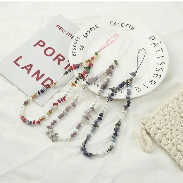 Elegant Beaded Phone Charm Wristlet – Mixed Gemstone, Pearl & Gold Accent Strap for Phone or Bag - Serene Crafts Hub