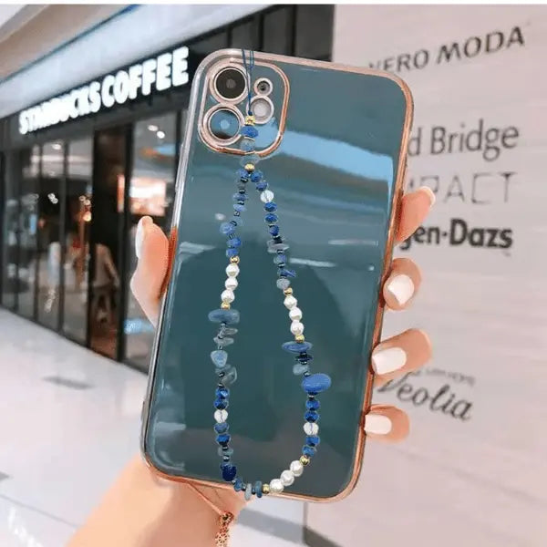 Elegant Beaded Phone Charm Wristlet – Mixed Gemstone, Pearl & Gold Accent Strap for Phone or Bag - Serene Crafts Hub