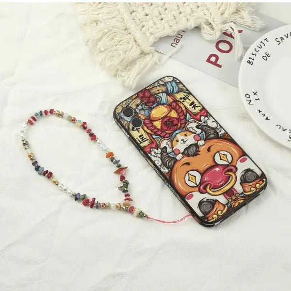 Elegant Beaded Phone Charm Wristlet – Mixed Gemstone, Pearl & Gold Accent Strap for Phone or Bag - Serene Crafts Hub