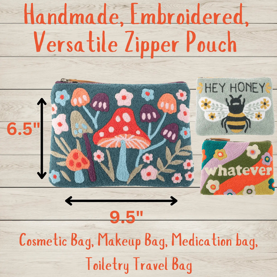 Embroidered Zipper Carry All, Mushroom, Hey Honey, Whatever Retro - Serene Crafts Hub