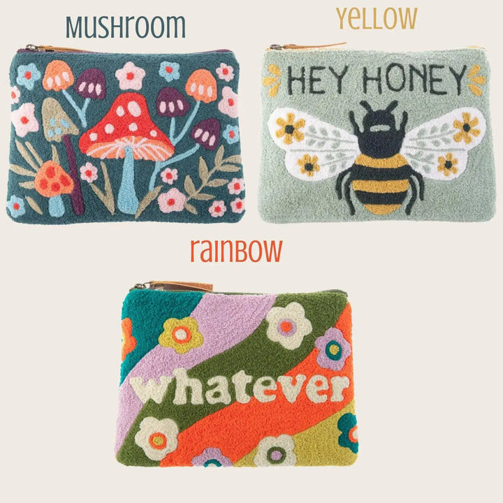 Embroidered Zipper Carry All, Mushroom, Hey Honey, Whatever Retro - Serene Crafts Hub
