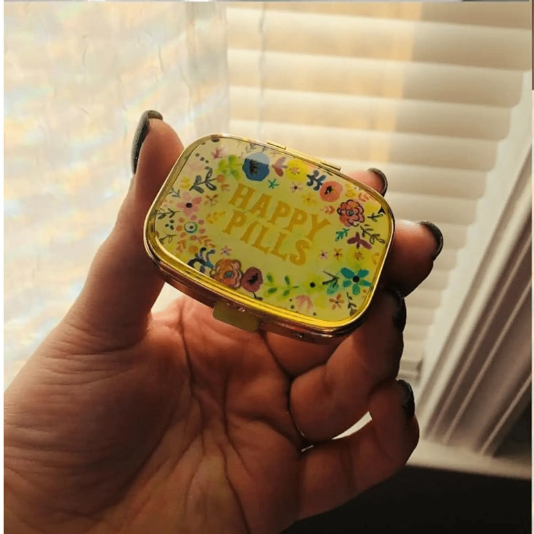 "Happy Pills" Vintage Metal Pill Case with Mirror - Serene Crafts Hub