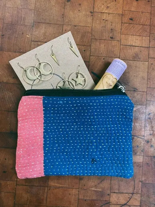 Kantha Zipper Pouch Bag | Made from Recycled Sarees 100% Cotton - Serene Crafts Hub