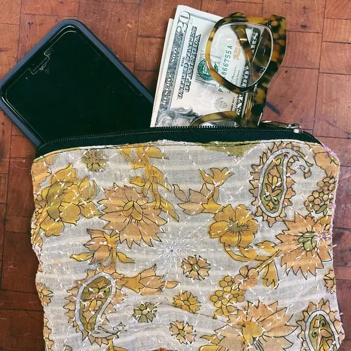Kantha Zipper Pouch Bag | Made from Recycled Sarees 100% Cotton - Serene Crafts Hub