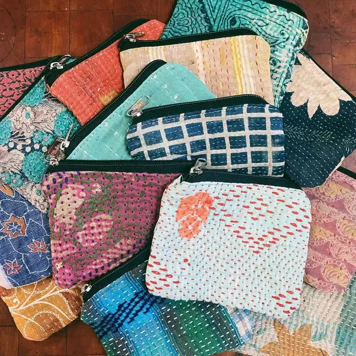 Kantha Zipper Pouch Bag | Made from Recycled Sarees 100% Cotton - Serene Crafts Hub