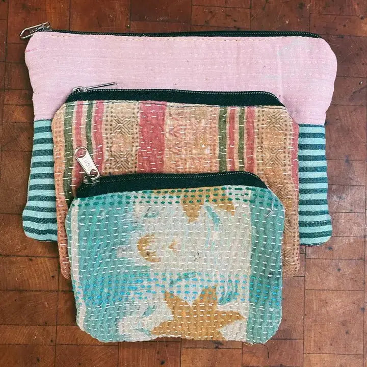 Kantha Zipper Pouch Bag | Made from Recycled Sarees 100% Cotton - Serene Crafts Hub