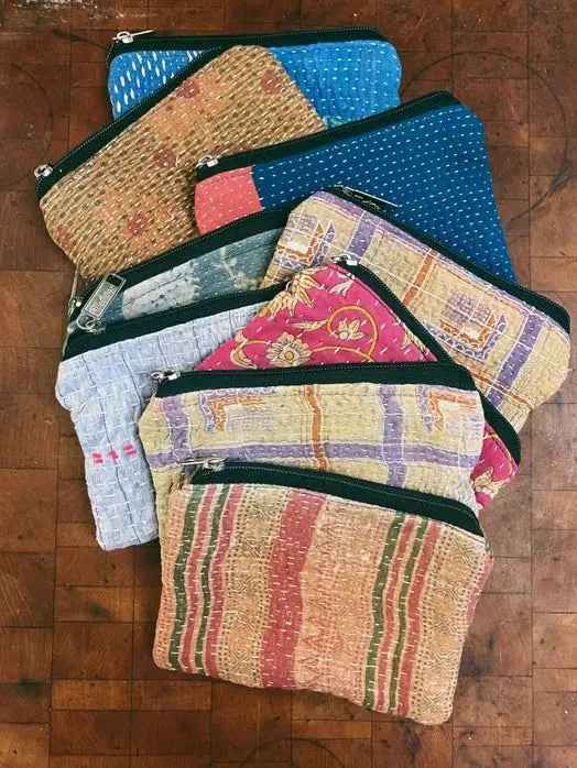 Kantha Zipper Pouch Bag | Made from Recycled Sarees 100% Cotton - Serene Crafts Hub