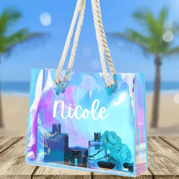 Personalized Holographic PVC Beach Tote – Custom Name Clear Bag with Rope Handles for Bridesmaids, Travel & Summer Fun - Serene Crafts Hub