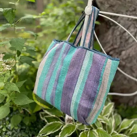 The Sustainable Kantha Tote: Reversible & Eco - Chic/Purple Stripe - Serene Crafts Hub