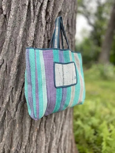 The Sustainable Kantha Tote: Reversible & Eco - Chic/Purple Stripe - Serene Crafts Hub