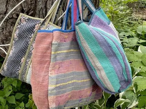 The Sustainable Kantha Tote: Reversible & Eco - Chic/Purple Stripe - Serene Crafts Hub