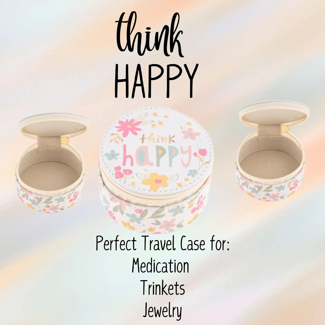 Think Happy Round Travel Medication or Jewelry Case, cute pill case - Serene Crafts Hub