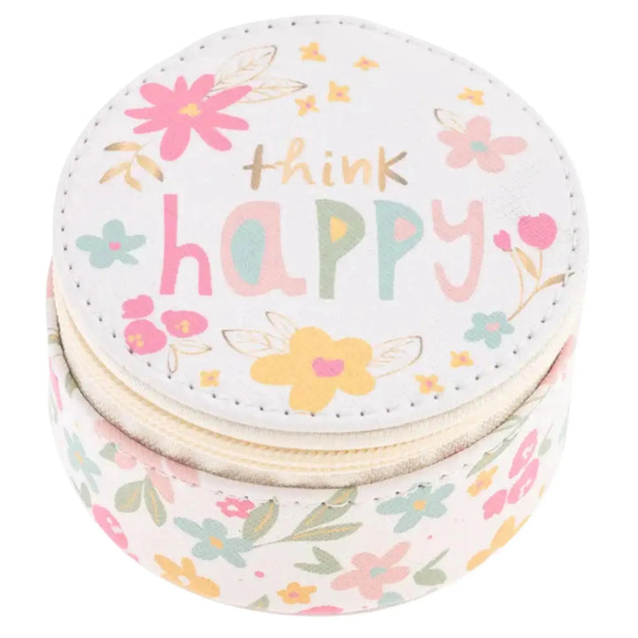 Think Happy Round Travel Medication or Jewelry Case, cute pill case - Serene Crafts Hub