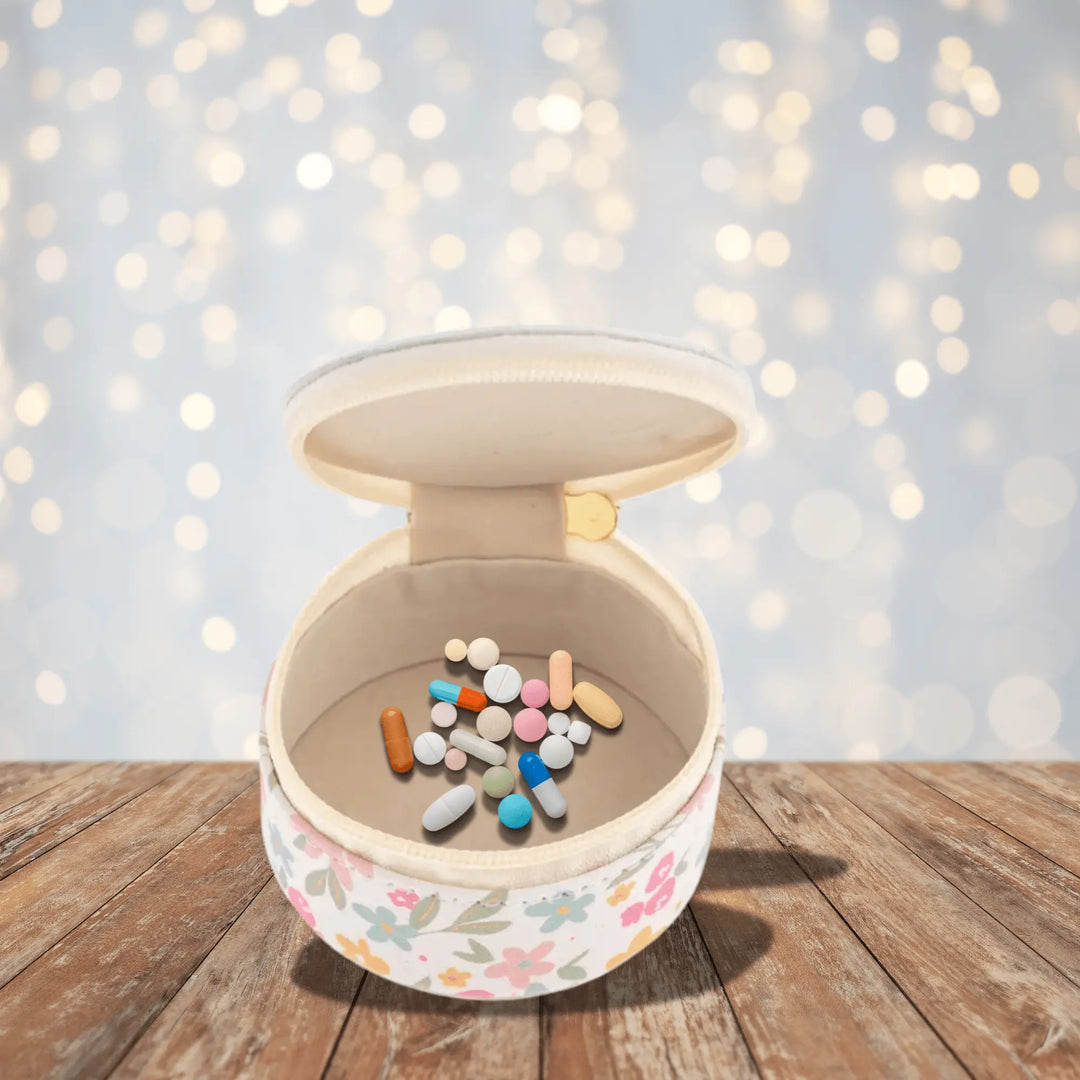 Think Happy Round Travel Medication or Jewelry Case, cute pill case - Serene Crafts Hub