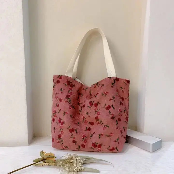 Vintage Artistic Small Corduroy Floral Tote - Serene Crafts Hub