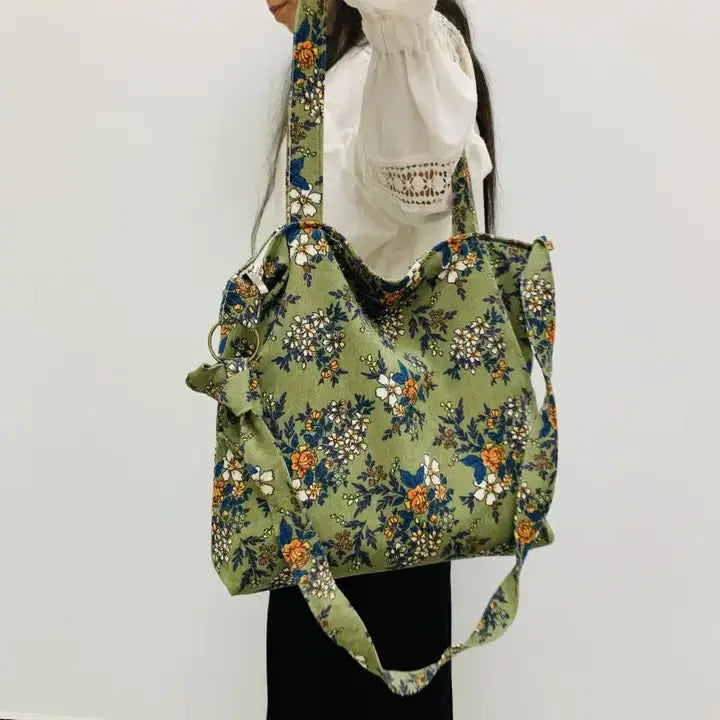 Vintage Floral Corduroy Tote Bag w/ Adjustable Shoulder Strap - Serene Crafts Hub
