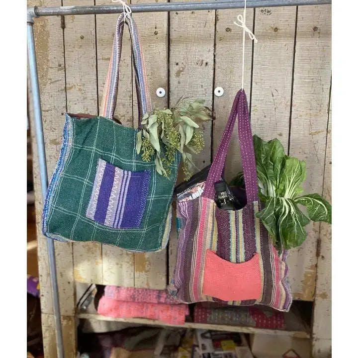 authentic kantha tote bag recycled sari pattern