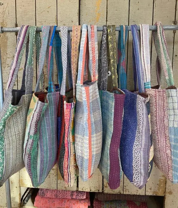 vintage kantha pocket tote hand stitched sari fabric