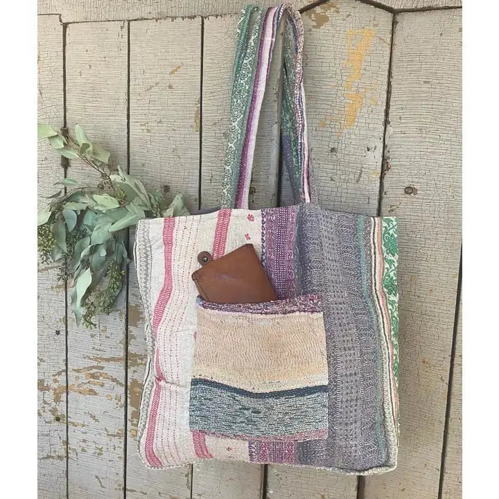 vintage kantha pocket tote hand stitched sari fabric front