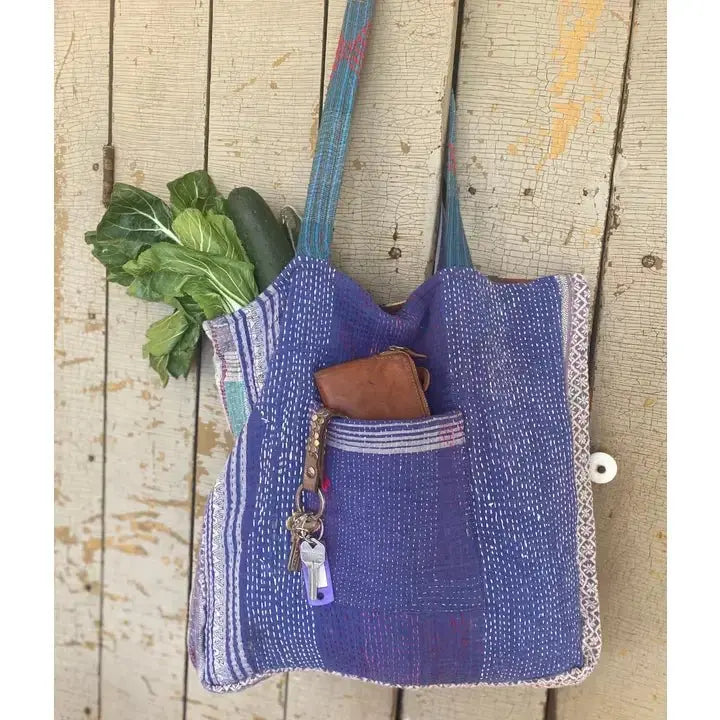 vintage kantha pocket tote hand stitched sari fabric front