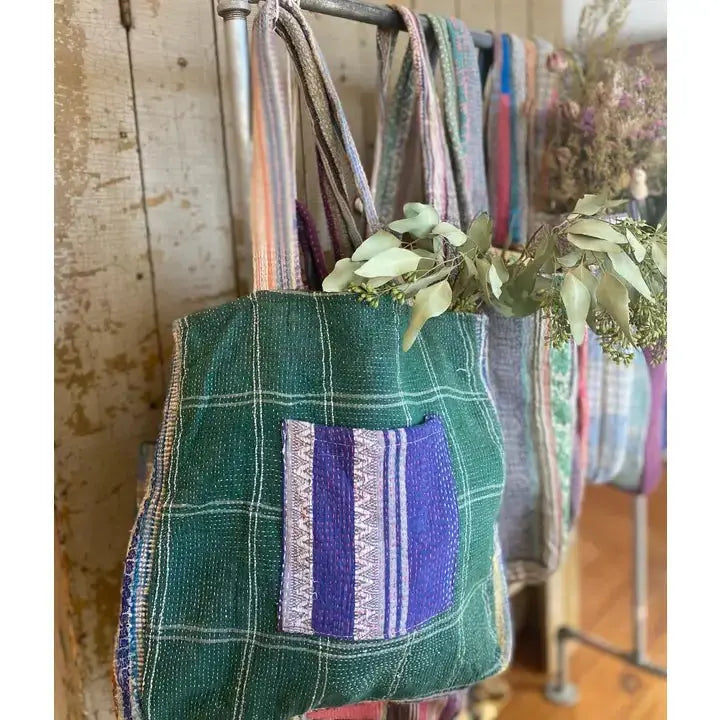 authentic kantha tote bag recycled sari pattern