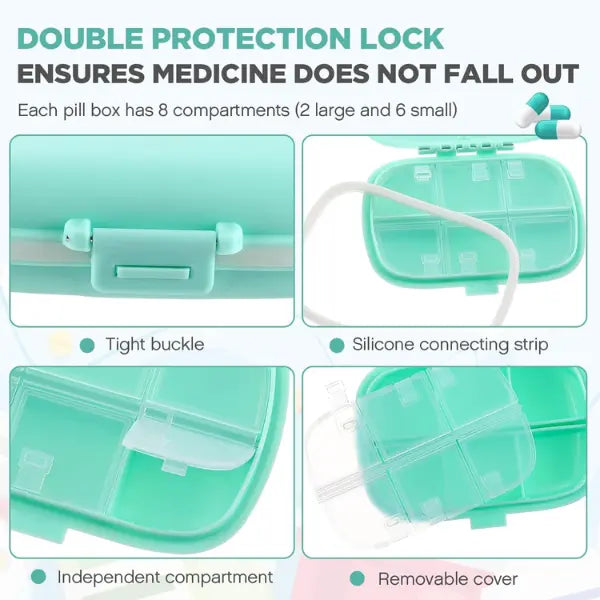 Travel Pill Case with Labels – 8-Compartment Portable Medicine Organizer Box for Vitamins & Supplements (White, Teal, Pink) - Serene Crafts Hub