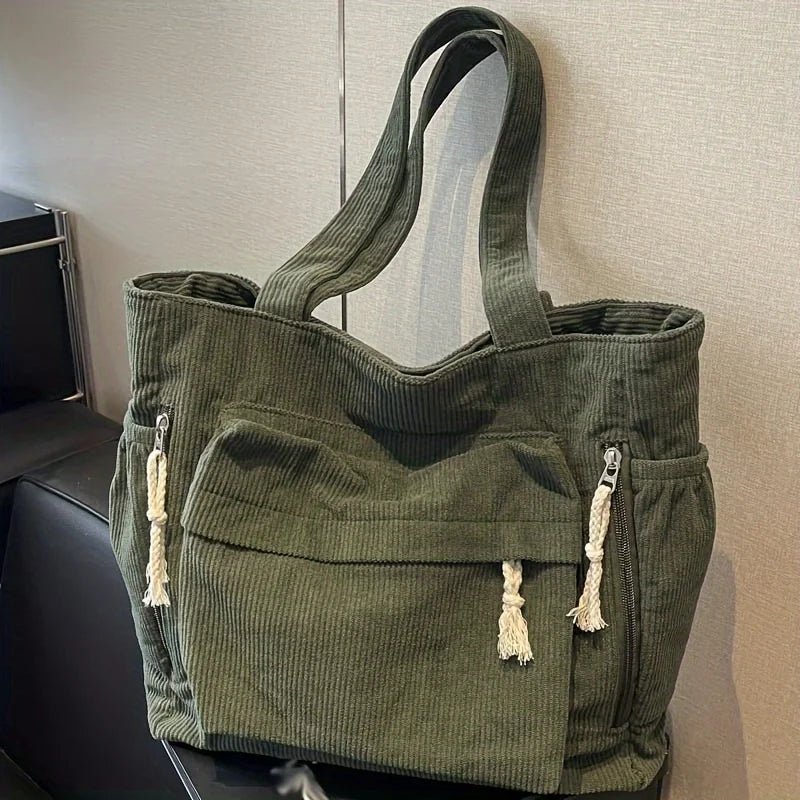 Corduroy Travel Tote Bag – Casual Shoulder Bag with Multiple Pockets for Women - Serene Crafts Hub