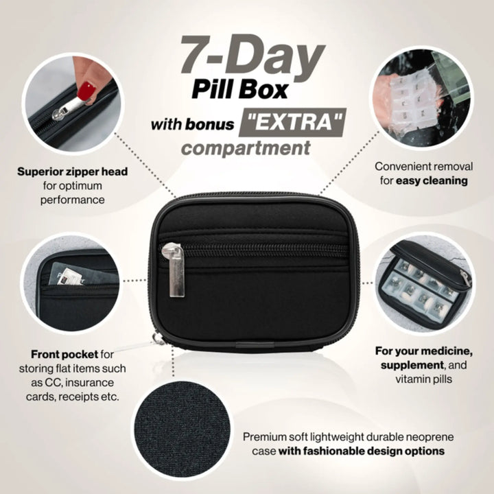 Cute, Compact Pill Case - Weekly 7 - Day Medicine Organizer: Black - Serene Crafts Hub