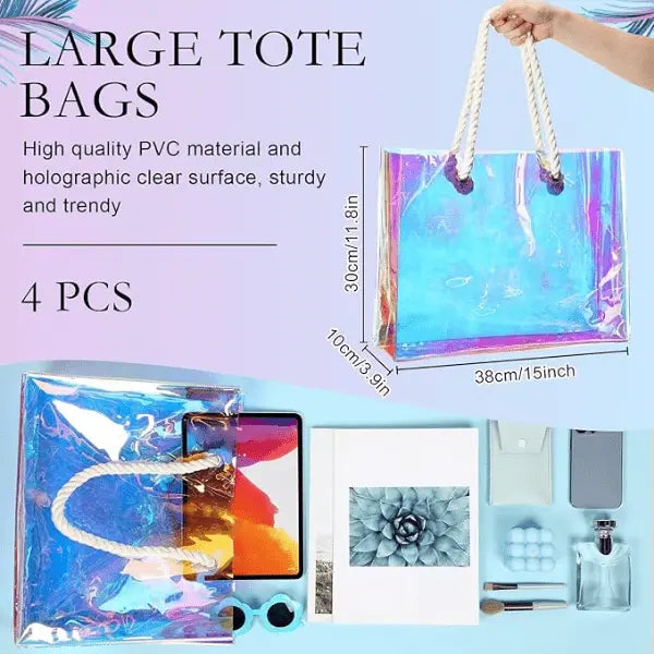 Personalized Holographic PVC Beach Tote – Custom Name Clear Bag with Rope Handles for Bridesmaids, Travel & Summer Fun - Serene Crafts Hub
