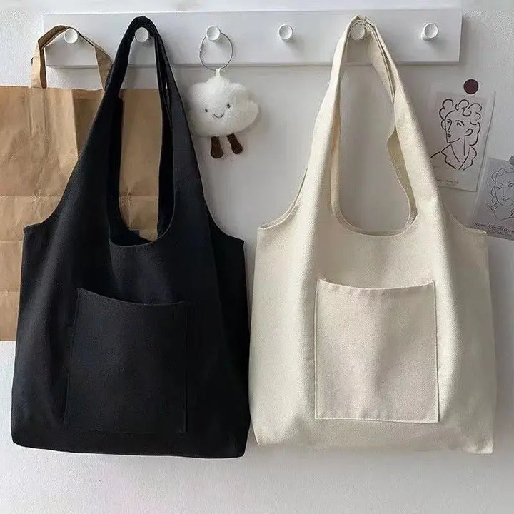 Solid Color Canvas Tote Bag – Reusable Eco Shoulder Bag with Pocket - Serene Crafts Hub