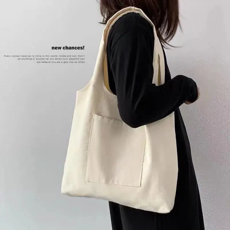 Solid Color Canvas Tote Bag – Reusable Eco Shoulder Bag with Pocket - Serene Crafts Hub