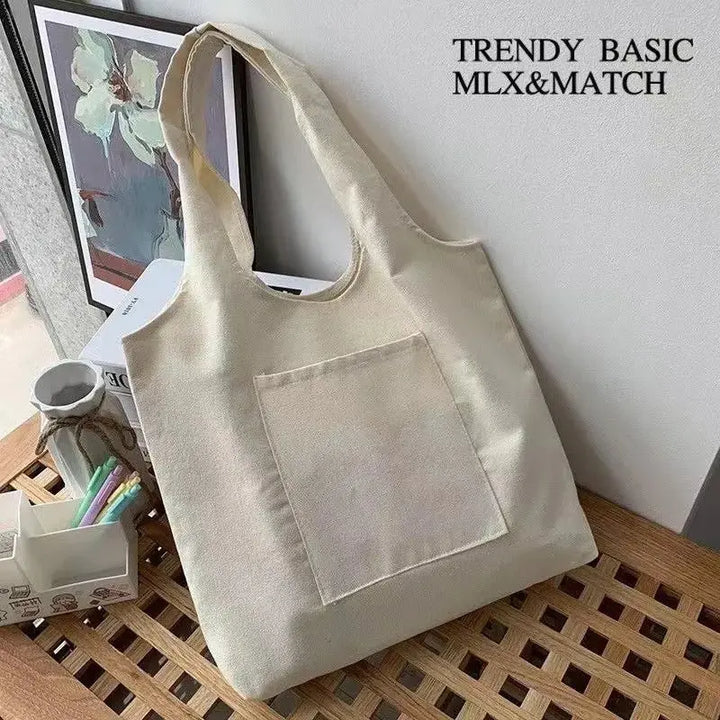 Solid Color Canvas Tote Bag – Reusable Eco Shoulder Bag with Pocket - Serene Crafts Hub