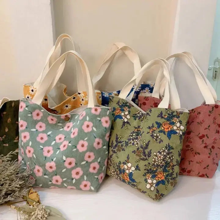 Vintage Artistic Small Corduroy Floral Tote - Serene Crafts Hub