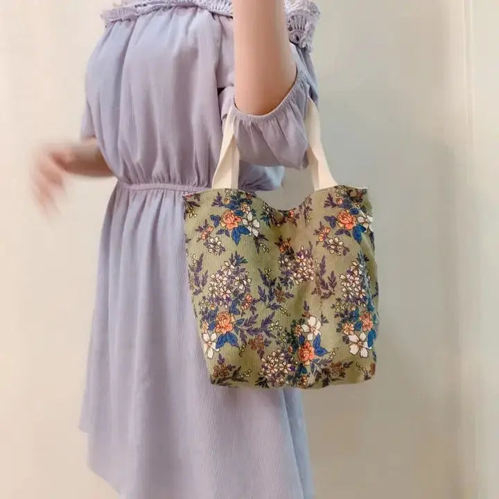 Vintage Artistic Small Corduroy Floral Tote - Serene Crafts Hub