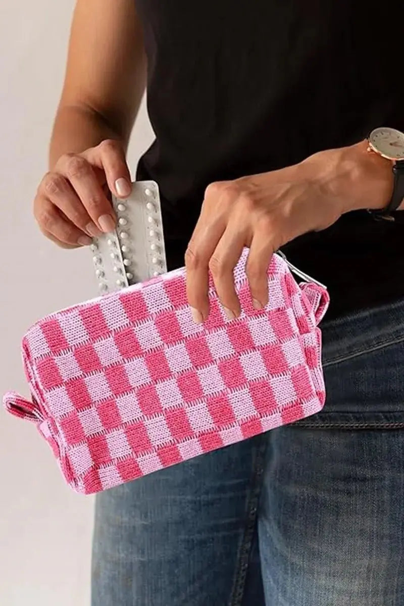 Zenana Checkered Pattern Knitted Cosmetic Pouch - Serene Crafts Hub
